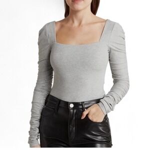 ELODIE Women's Ribbed Square Neck Ruched Long Sleeve Blouse, Size Large